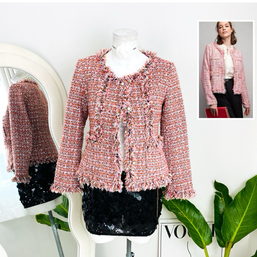 ไซด์ S-M แบรนด์แท้ 100%🌸เสื้อแขนยาวผ้าทวิต Luxury ผ้าทวิต Tweed งานวิบวับ สีชมพูเข้ม ใส่ออกงาน ชุดปาร์ตี้