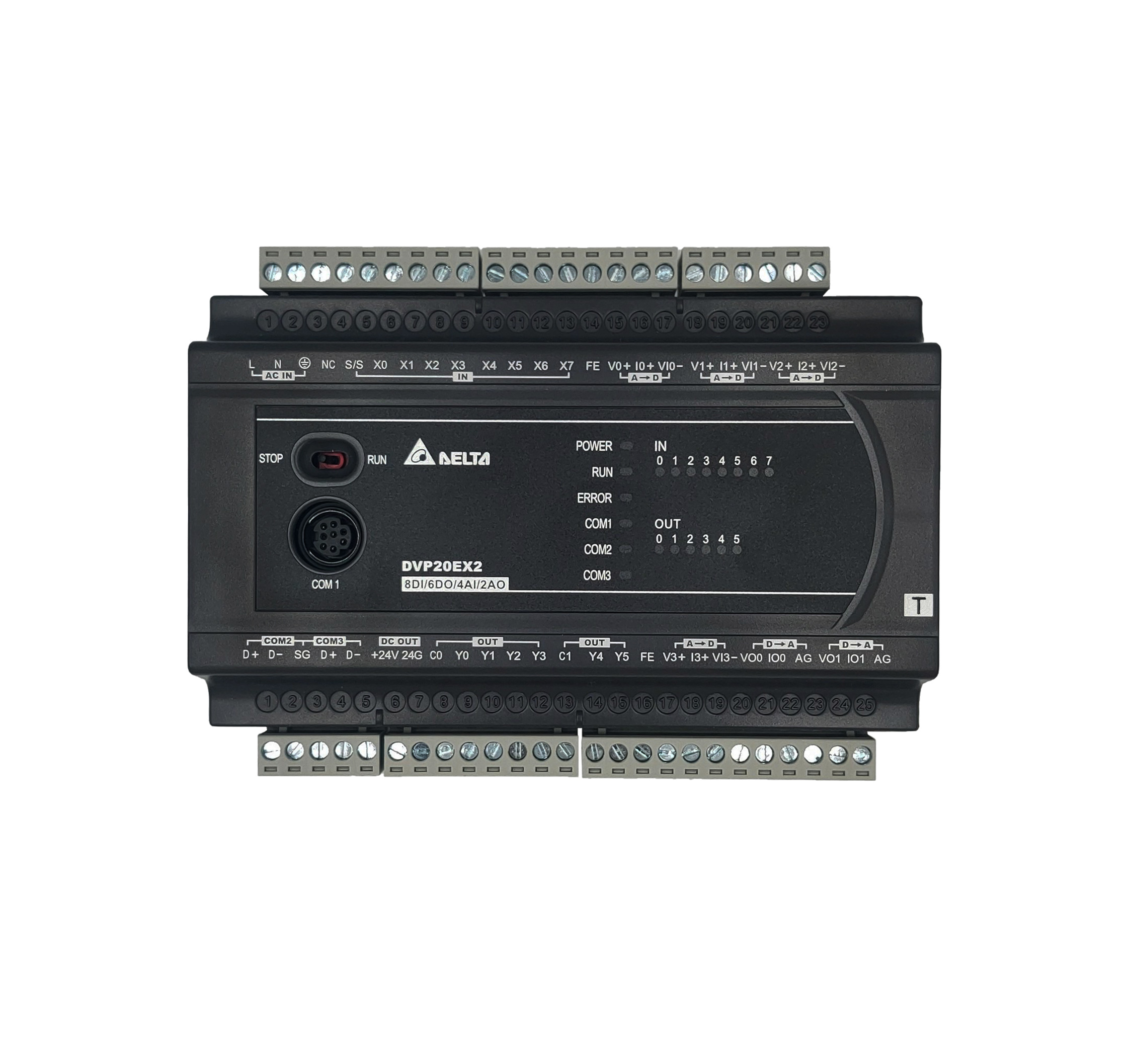 Delta PLC DVP20EX200T 8I/6O, AC Power-In, 4CH AI/2CH AO Built-in, Transistor Output, 2-Axis 100kHz Pulse Output
