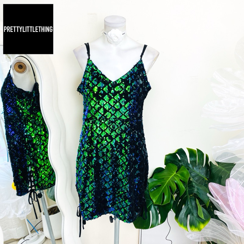 ไซด์ L-XL แบรนด์ prettyle แท้ 100%🌸เดรส สานข้าง ผ้ากำมะหยี่ งานเกล็ดวิบวับ สีเขียวปีกแมลงทับ เดรสออกงาน ชุดปาร์ตี้(24)