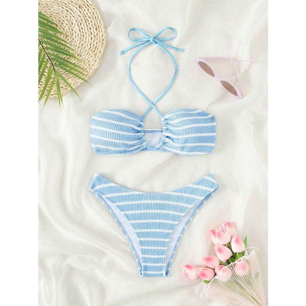 ชุดว่ายน้ำ บิกินี่ พาสเทล แบบคล้องคอ ลายทาง สไตล์เกาหลี SW072