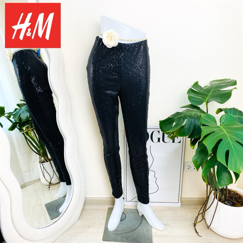 ไซด์ L แบรนด์ H&M แท้ 100% 🌸กางเกง เอวสูง งานเกล็ดวิบวับ สีดำสนิท ใส่ออกงาน ชุดออกงาน ชุดปาร์ตี้