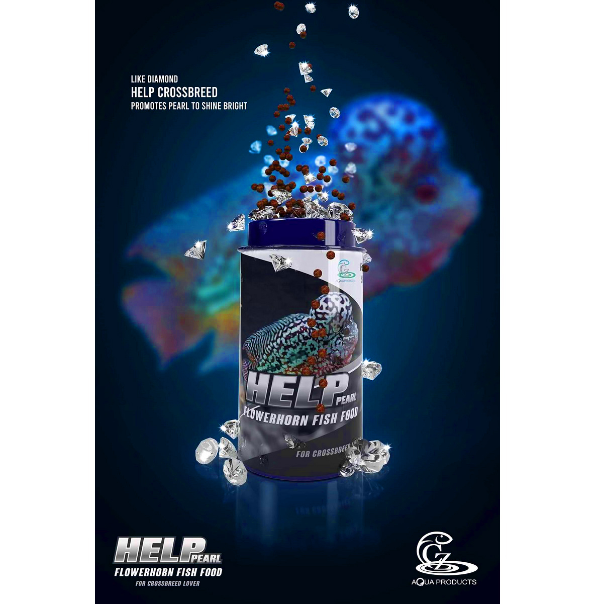 HELP PEARL FLOWER HORN FISH FOOD 100g. (อาหารปลาหมอสีสูตร เร่งมุกเงางาม เกล็ดเปล่งประกาย ครีบและหางกางแข็งแรงสวยงาม)