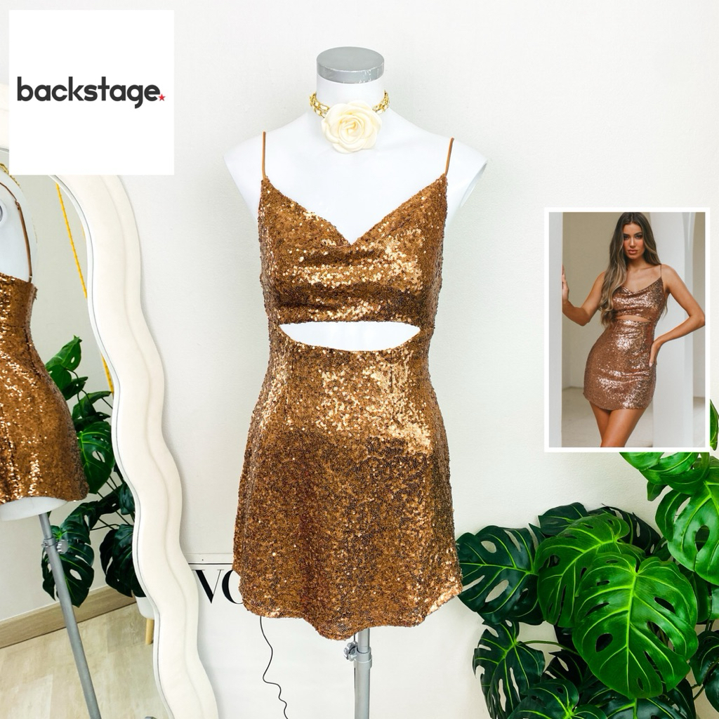 ไซด์ S แบรนด์ backstage แท้ 100%🌸เดรส โชว์เอว งานเกล็ดวิบวับ สีโรสโกล ใส่ออกงาน ทรงเข้ารูป เดรสออกงาน ชุดปาร์ตี้