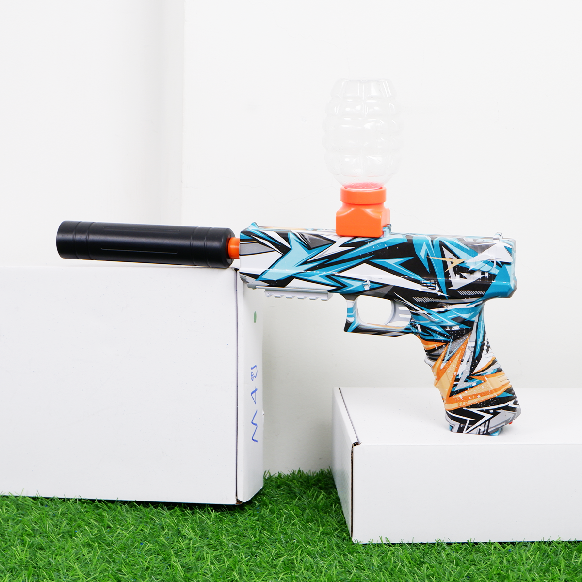 (28)GLOCK Small สีฟ้ากราฟิก ปืนเจลไฟฟ้า ของเล่น ยิงรัวได้