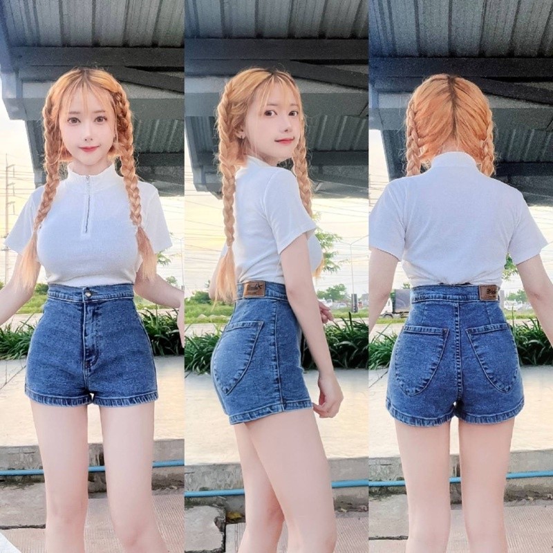 กางเกงยีนส์ขาสั้นเอวสูงผ้ายืด เป๋าหลังใบโพธิ์