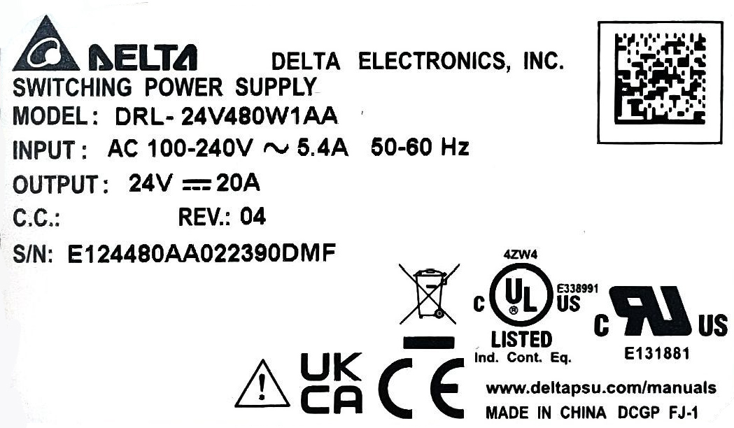 DRL-24V480W1AA Output 24V/20A (480W) Delta Power Supply