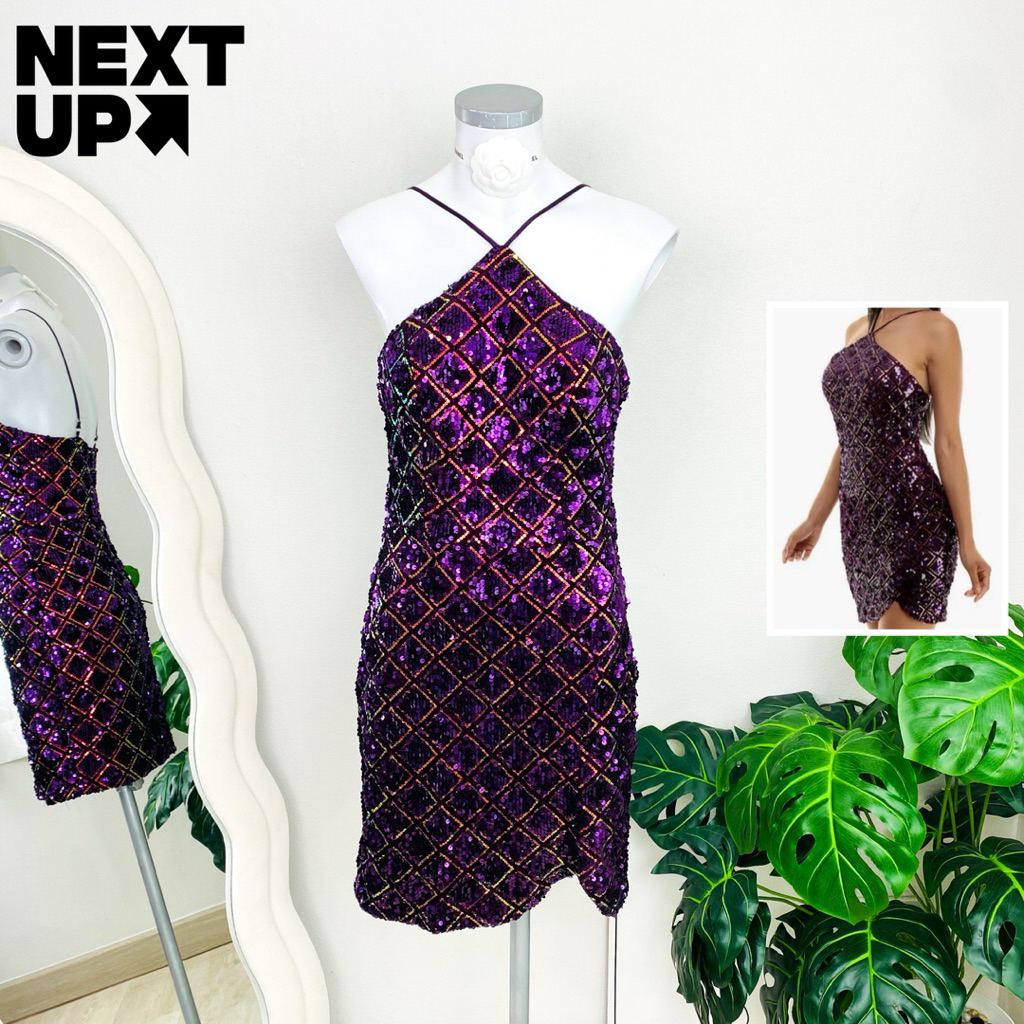 ไซด์ XS/S/M มือ1 แบรนด์ Next/Up แท้ 100%🌸เดรส ผ้ากำมะหยี่ ลายตาราง งานเกล็ดวิบวับ สีม่วง ใส่ออกงาน เดรสออกงาน ชุดปาร์ตี้