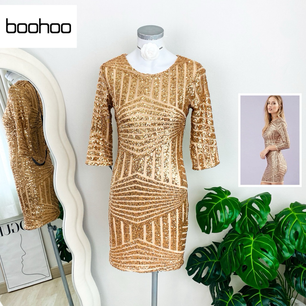 ไซด์ M มือ1 แบรนด์ boohoo แท้ 100%🌸เดรส ลายหลุยด์ งานเกล็ดวิบวับ สีโรสโกล ใส่ออกงาน ทรงเข้ารูป เดรสออกงาน ชุดปาร์ตี้