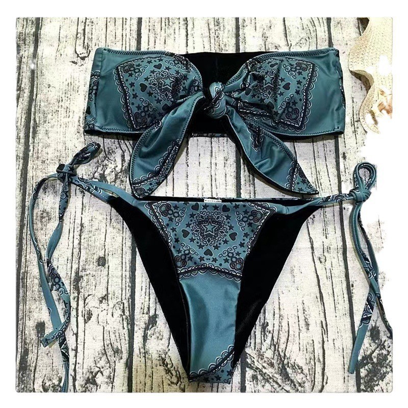 พร้อมส่ง ชุดว่ายน้ํา ชุดบิกินี่ พิมพ์ลายลูกไม้ สไตล์เม็กซิกัน อเมริกัน ตะวันตก เซ็กซี่ สําหรับผู้หญิง SW057