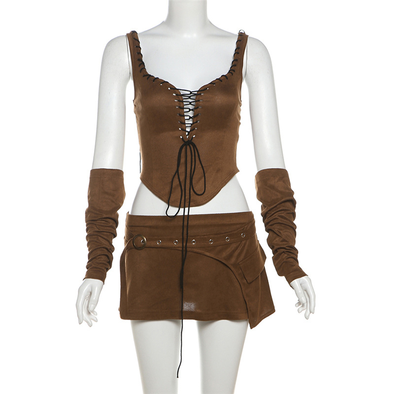 ชุดเซท เสื้อ+กระโปรง+ปลอกแขน สีน้ำตาล CN50563 พร้อมส่งในไทย