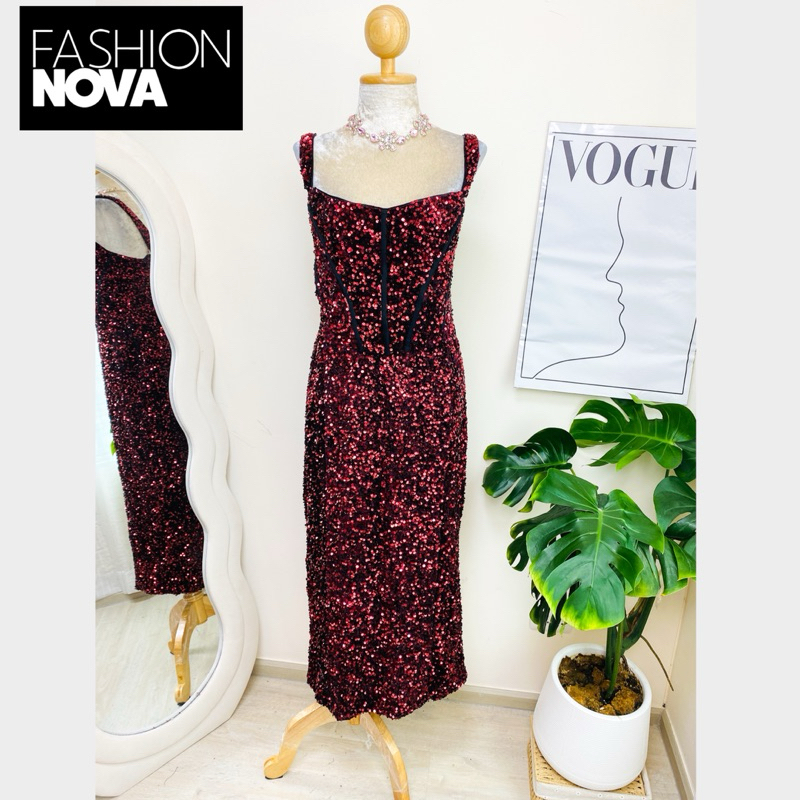 ไซด์ XL แบรนด์ Fashion Nova แท้100% 🌸Maxi dress เดรสยาว งานเกล็ดวิบวับ สีแดง ทรงเข้ารูป เดรสออกงาน ชุดปาร์ตี้
