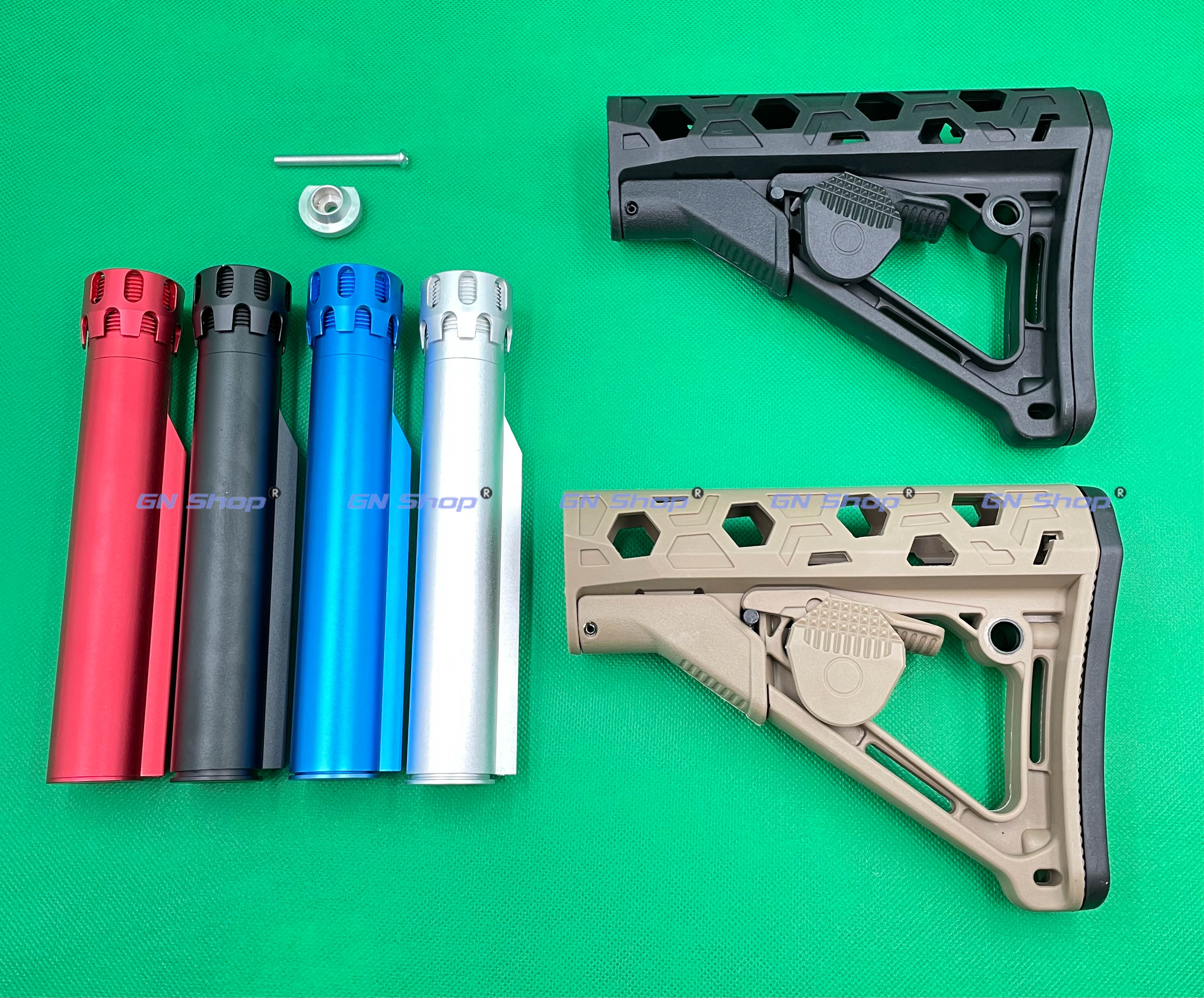[จัดชุด]พานท้าย CTR ฉลุ สีดำ / สีทราย พร้อมแกน/ไม่เอาแกน พานท้าย ตระกูล M4 ประกอบง่าย มีปสลักปรับสไลด์ เลื่อน ยืด -หด (ดำ แดง น้ำเงิน บรอนซ์)