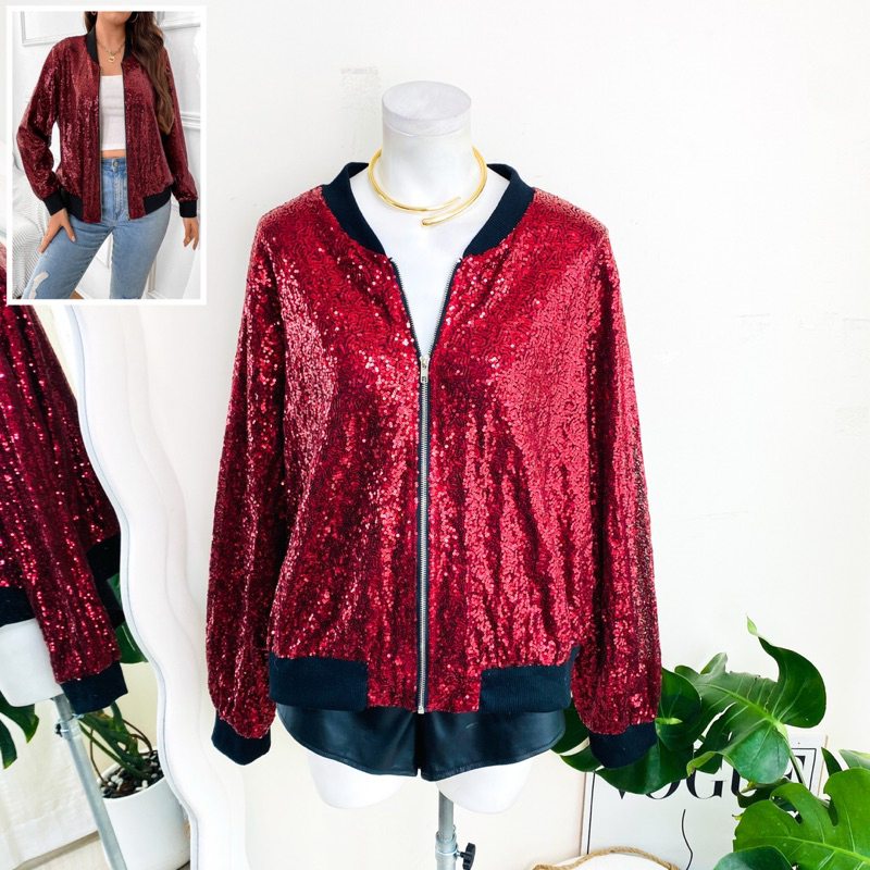 ไซด์ 2XL made in USA.🌸แจ็คเก็ต Jackets เบสบอล เสื้อคาร์ดิแกน งานเกล็ดวิบวับ สีแดง ใส่ออกงาน ชุดปาร์ตี้
