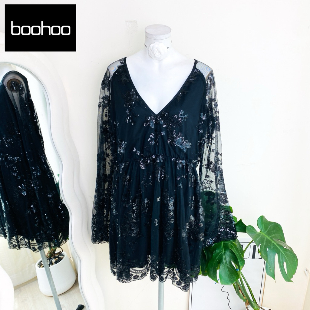 ไซด์ XL มือ 1 แบรนด์ boohoo แท้ 100%🌸เดรส เอวจั๊ม ปักลูกไม้ งานเกล็ดวิบวับ สีดำ ใส่ออกงาน เดรสออกงาน ชุดปาร์ตี้