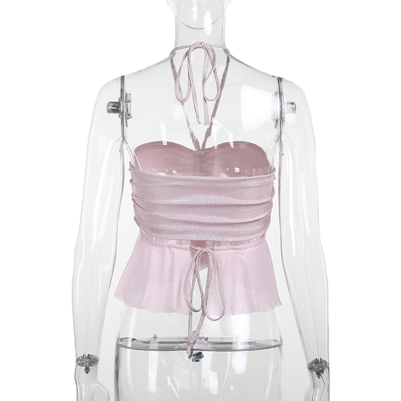 เสื้อเกาะอกวิ๊ง กากเพชร แต่งระบายซีฟอง GB24067