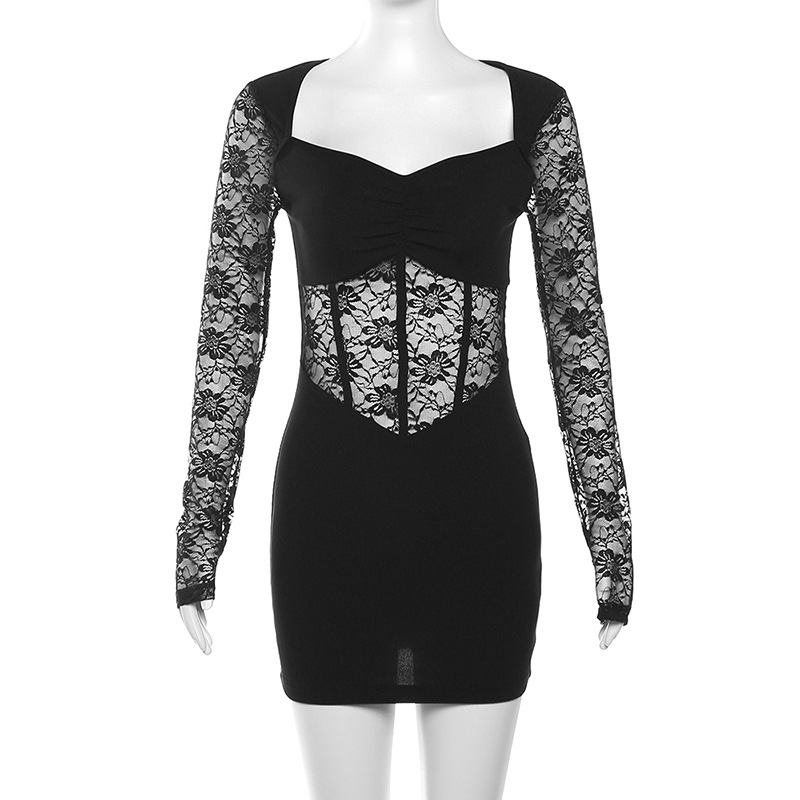 ชุดเดรสแขนยาว ลูกไม้ซีทรู เซ็กซี่ พร้อมส่งด่วนในไทย