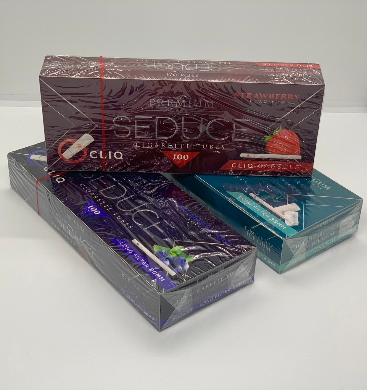 Seduced 3 กล่อง ก้นกรองบุหรี่ รุ่นเม็ดบีบเย็น กลิ่น บลูเบอร์รี่ , สตอเบอรี่ , หมากฝรั่ง รวม 300 มวน ความยาว 20 มม.