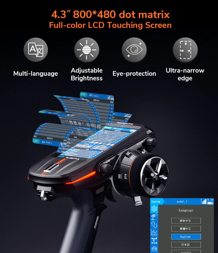 Radiolink RC8X 2.4GHz 8CH 4.3-Inch Full Colour Touch Screen LCD Radio Transmitter International Version With R8GF/R4FGM Receiver รีโมทตัวท๊อป หน้าจอสี ทัชสกรีน รองรับฟังชั่นมากมาย