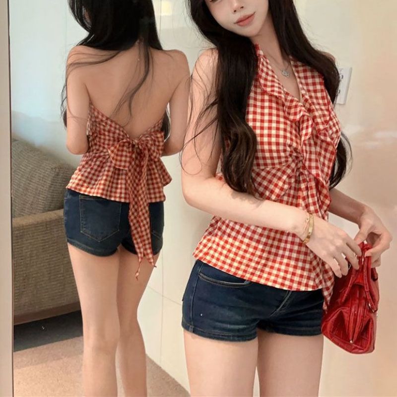 เสื้อครอป คล้องคอ สก็อตเเดง CN2935 สินค้าพร้อมส่งในไทย