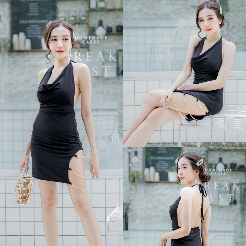 เดรส เหลือง ขาโซ่ ผูกคอ D477