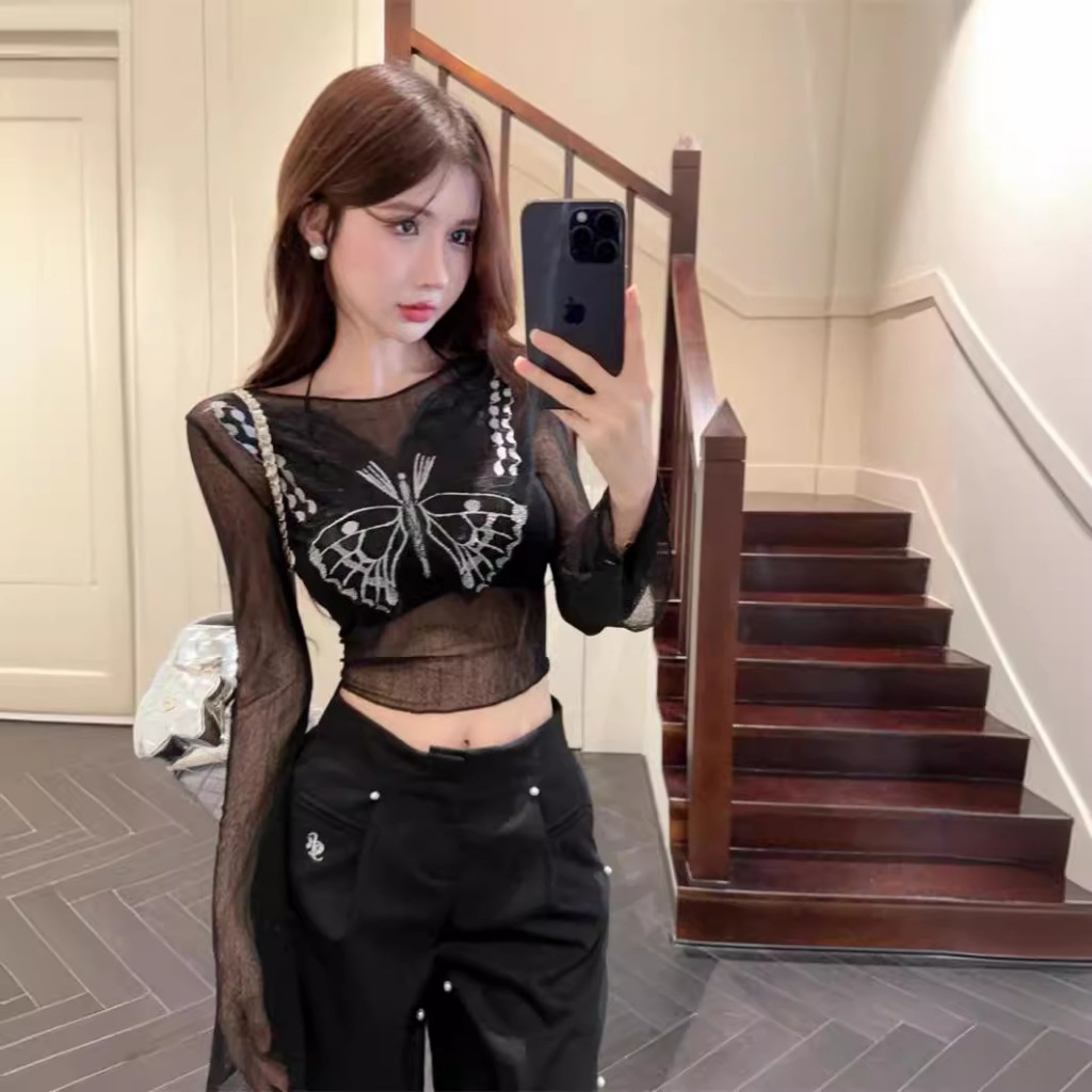 เสื้อครอปแขนยาว ซีทรู ลายผีเสื้อ สีดำ CN1112