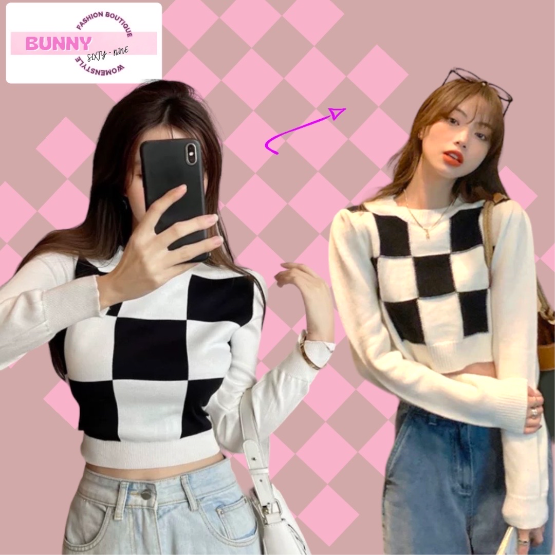 เสื้อแขนยาว ไหมพรม ครอปตาราง รหัส A308