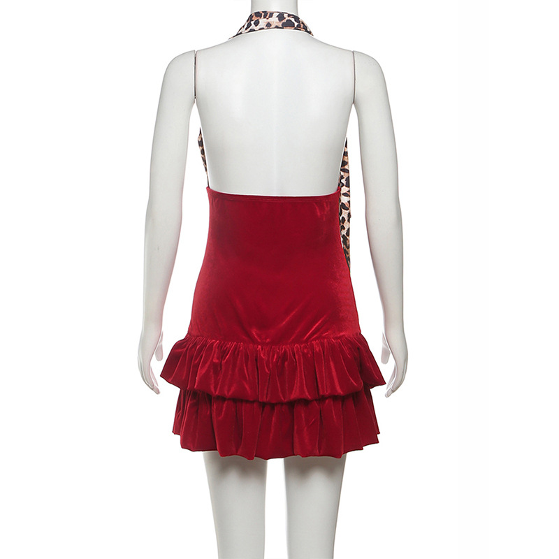 ชุดเดรส ลายเสือ สีแดงกำมะหยี่ CN58543