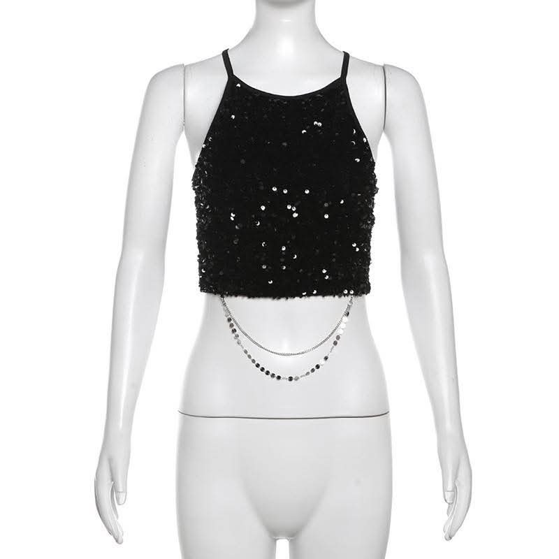 เสื้อวิ๊ง สายเดี่ยว เลื่อม ECM สีดำ + โซ่เอว CN43359 พร้อมส่ง