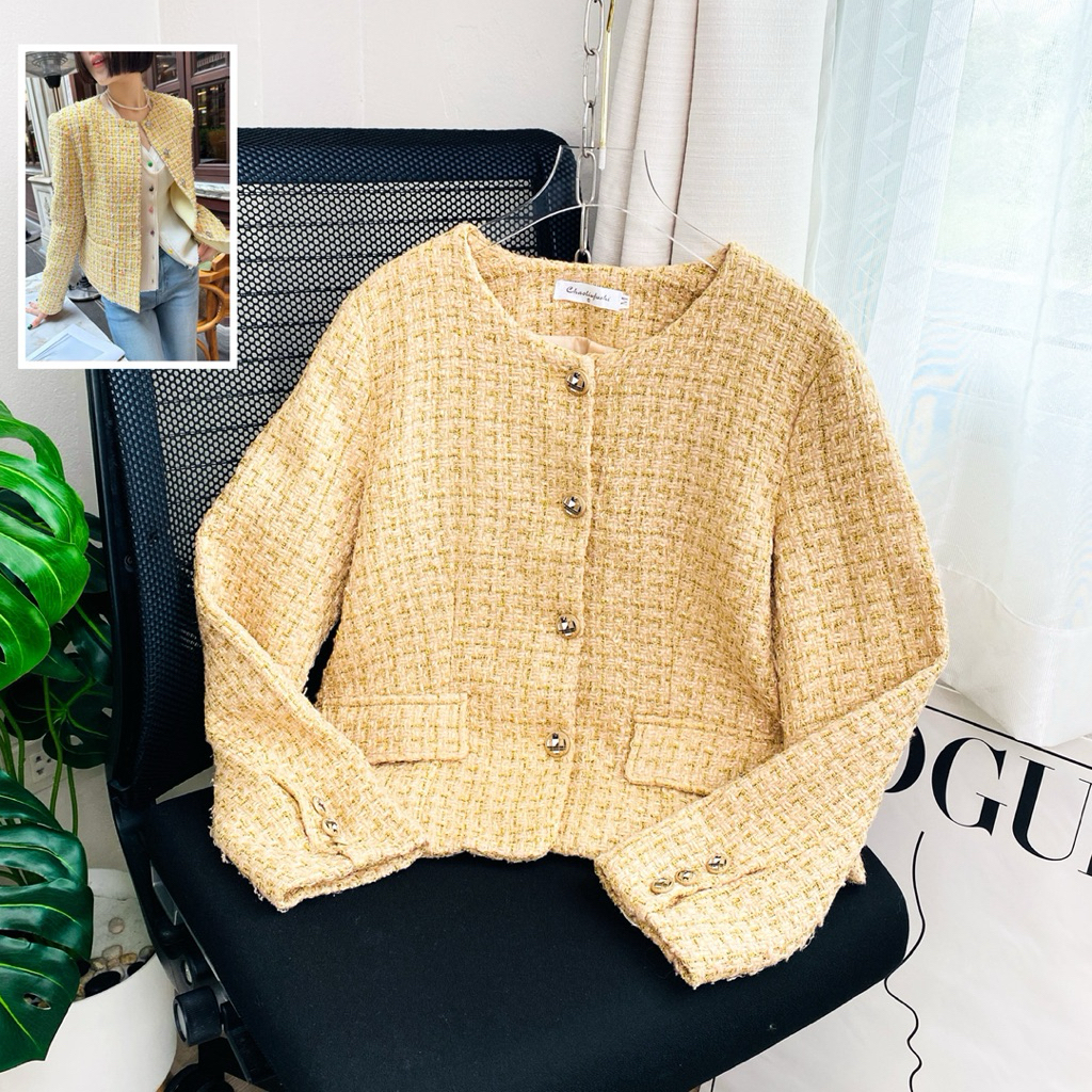 ไซด์ M แบรนด์ Chaoliu แท้ 100%🌸เสื้อแขนยาวผ้าทวิต กระดุมหน้า ผ้าทวิต Tweed งานวิบวับ สีครีม ใส่ออกงาน ชุดปาร์ตี้