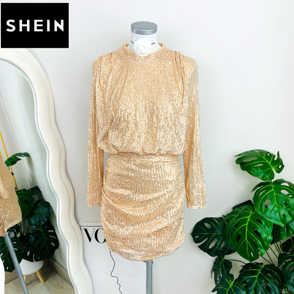 ไซด์ S-M แบรนด์ Shein แท้ 100%🌸เดรส คอปีน งานเกล็ดวิบวับ สีโรสโกล ใส่ออกงาน ทรงเข้ารูป เดรสออกงาน ชุดปาร์ตี้