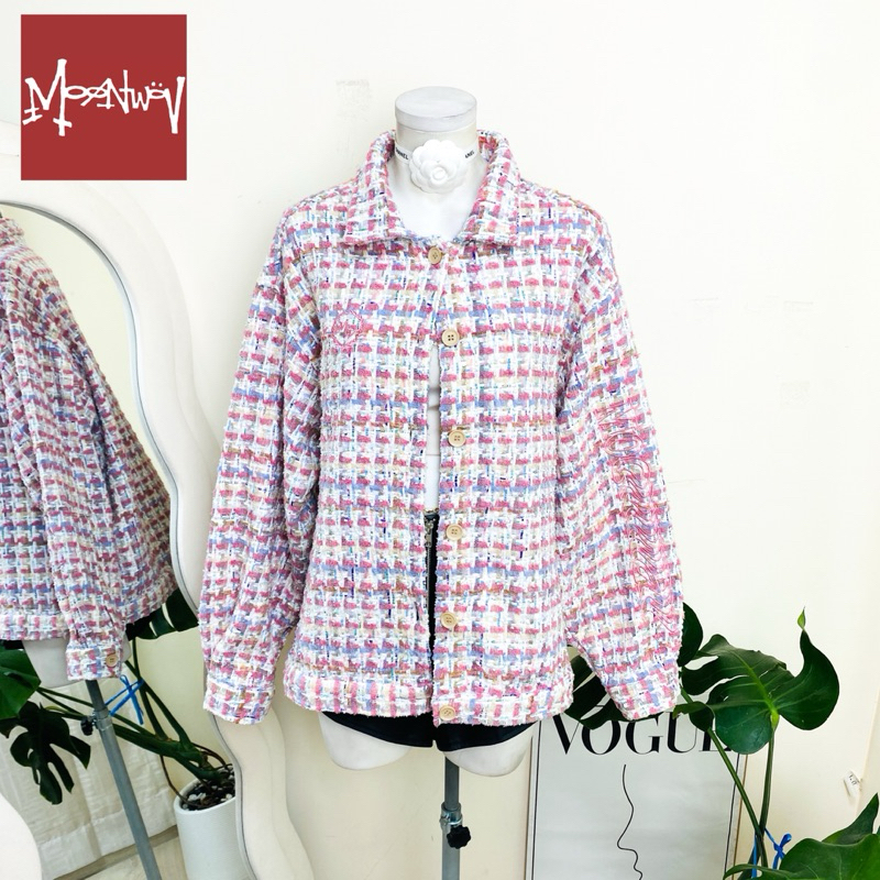 ไซด์ XXL แบรนด์ Moonwav แท้ 100%🌸เสื้อแขนยาวผ้าทวิต กระดุมหน้า ผ้าทวิต Tweed งานวิบวับ สีชมพูบาร์บี้ ใส่ออกงาน