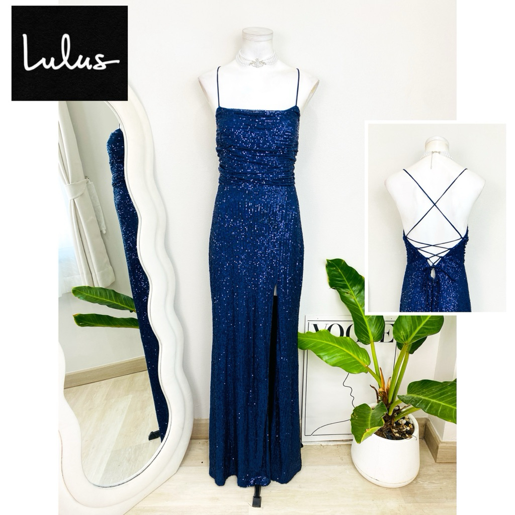ไซด์ M แบรนด์ Lulus แท้100% 🌸Maxi dress เดรสยาว สานหลัง งานเกล็ดวิบวับ สีกรม ทรงเข้ารูป เดรสออกงาน ชุดปาร์ตี้