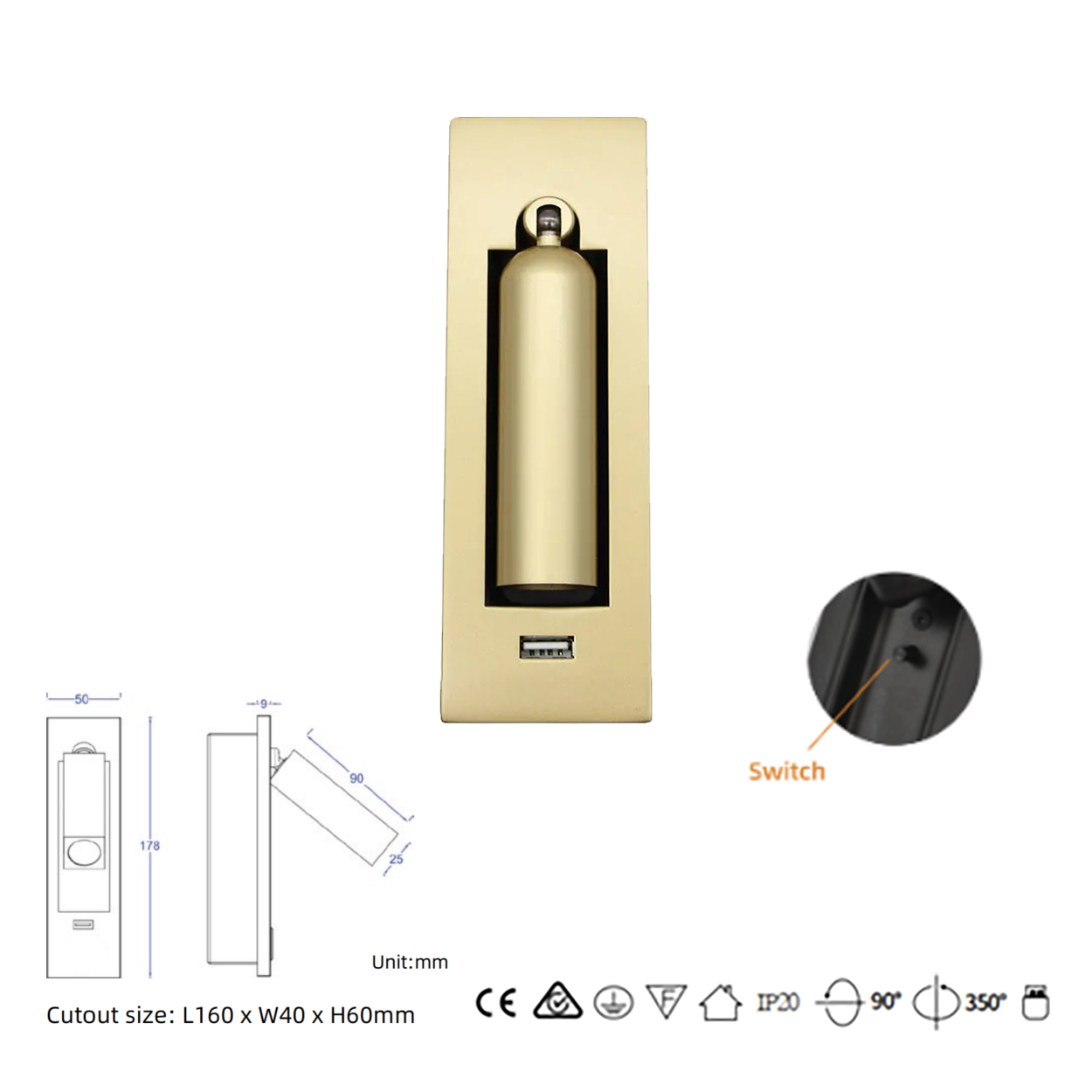 โคมไฟอ่านหนังสือติดผนัง Wall Reading Lamp Metal + Aluminium LED Cree 3W IP20 (KPUSB016B)