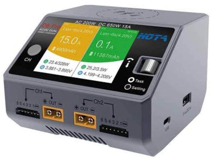 HOTA D6 Pro 325W 15A 1-6S Dual Channel AC/DC Smart Charger เครื่องชาร์จ แบตพร้อมกัน 2ก้อน 650w 15A ชาร์จไวเลส ชาร์จไฟบ้าน เสียบไฟบ้าน และ พาวเวอร์แยกได้ แรง ชาทเร็ว เต็มชัวร์