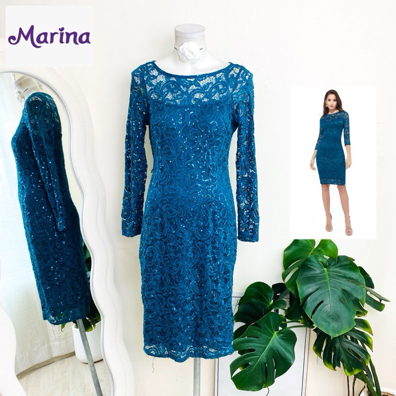 ไซด์ M แบรนด์ Marina แท้ 100%🌸เดรส ซีทรูช่วงอก งานเกล็ดวิบวับ พรีเมี่ยม สีฟ้าอมเขียว เดรสลูกไม้ เดรสใส่ออกงาน พร้อมส่ง