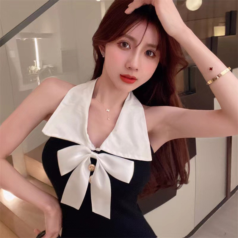 ชุดเดรสกระโปรงสั้น แขนกุด เซ็กซี่ ประดับโบว์ ขนาดเล็ก สีดํา สําหรับผู้หญิง CN6044