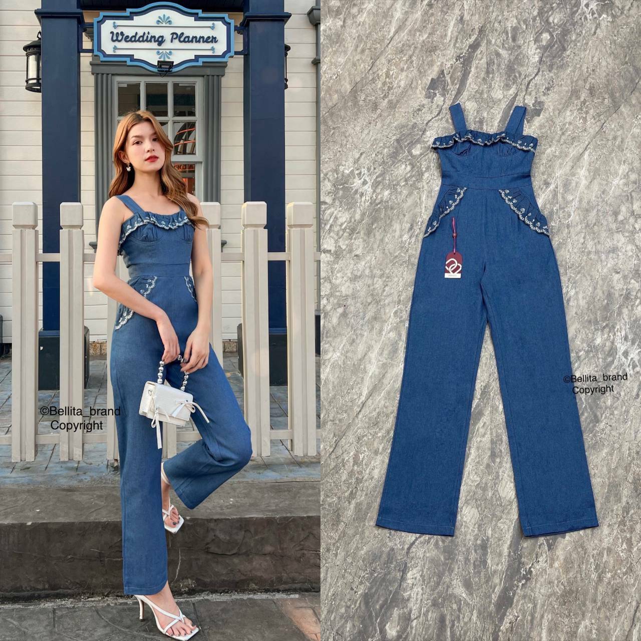 🍒 XS 🍒 ป้าย Bellita จั๊มสูทผ้ายีนส์ อกเอวเข้ารูป มีกระเป๋าที่กางเกง