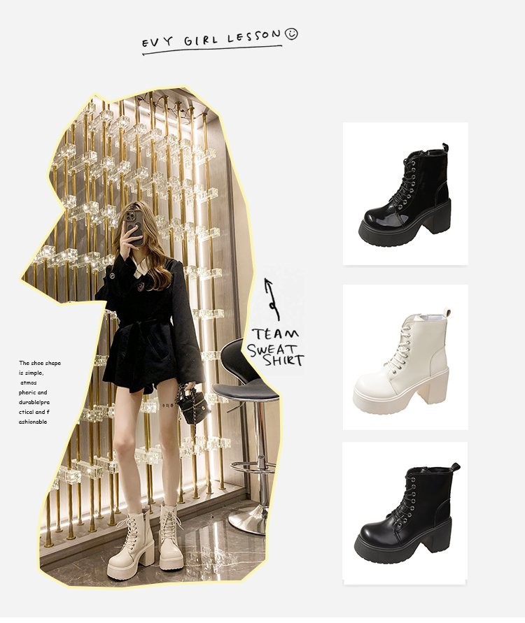 รองเท้าบูท ดำ/เบจ ถักเชื่อก ส้นสูง 3 นิ้ว พร้อมส่งในไทย