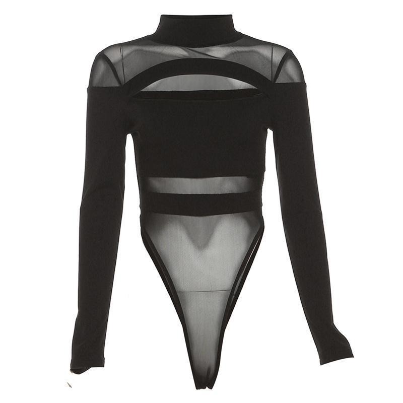 ชุดบอดี้สูท แขนยาว ซีทรู สีดำ CN783