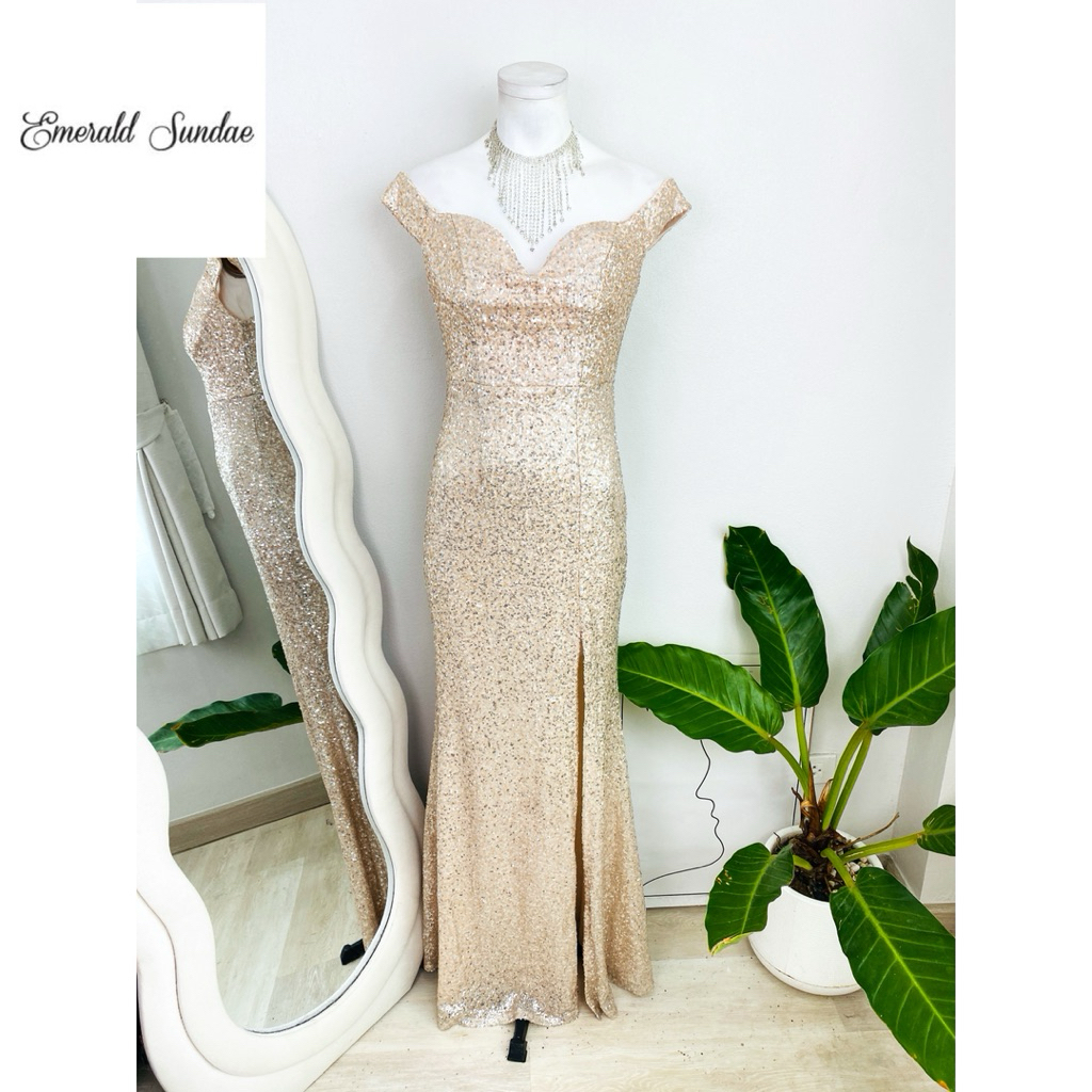 ไซด์ S แบรนด์ Emerald แท้100% 🌸Maxi dress เดรสยาว เกาะไหล่ งานเกล็ดวิบวับ สีโรสโกล เดรสออกงาน ชุดปาร์ตี้