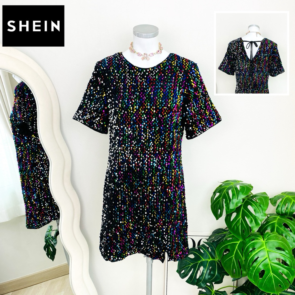 ไซด์ M แบรนด์ Shein แท้ 100%🌸เดรส ผ้ากำมะหยี่ ผูกโบว์หลัง งานเกล็ดวิบวับ สีรุ้ง ใส่ออกงาน เดรสออกงาน ชุดปาร์ตี้