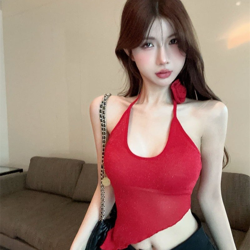 เสื้อครอป แดง+เข็มขัดดอกไม้ รหัส CN2659