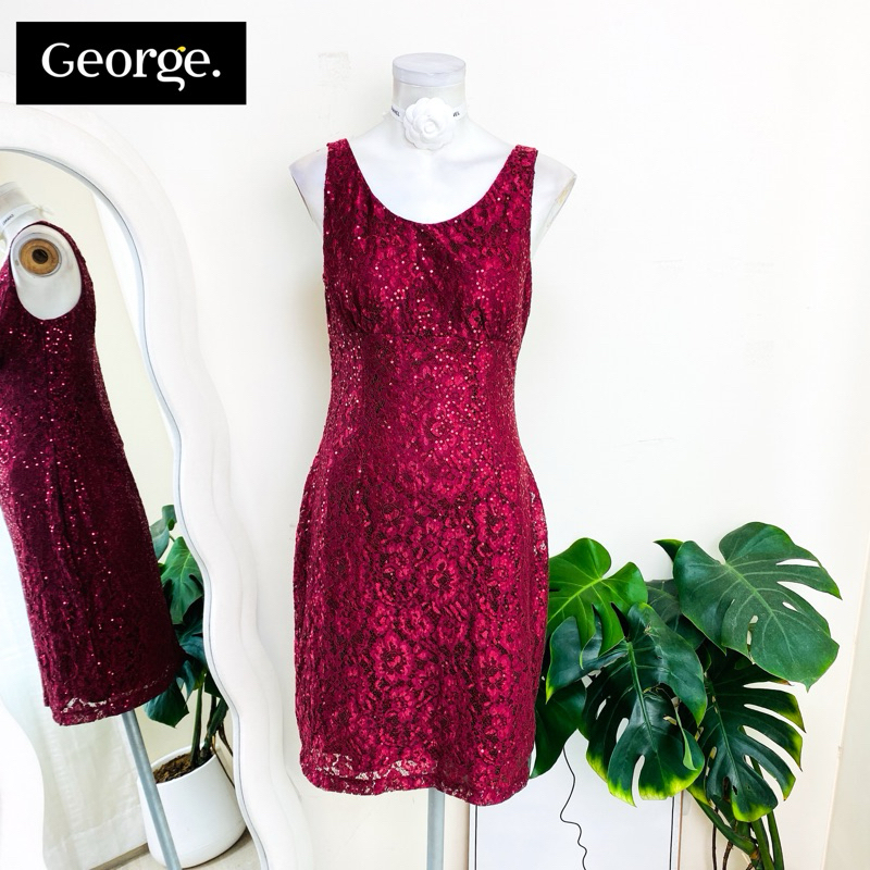 ไซด์ L แบรนด์ George แท้ 100%🌸เดรส งานเกล็ดวิบวับ พรีเมี่ยม สีแดงไวน์ เดรสลูกไม้ ทรงเข้ารูป เดรสออกงาน ชุดปาร์ตี้