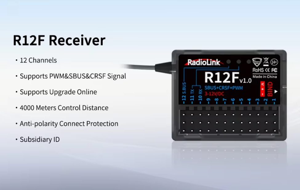 Radiolink R12F 12 ช่อง 2.4G RC ตัวรับสัญญาณ รีซีฟ ใช้กับวิทยุ T12D และ T16D