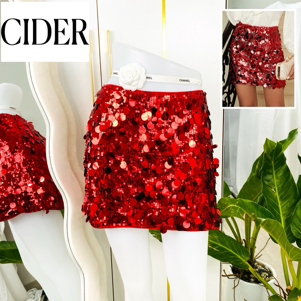 ไซด์ L แบรนด์ CIDER แท้ 100%🌸กระโปรง เกล็ดหูช้าง เอวสูง งานเกล็ดวิบวับ สีแดง ใส่ออกงาน ชุดออกงาน ปาร์ตี้ ชุดไปเดท