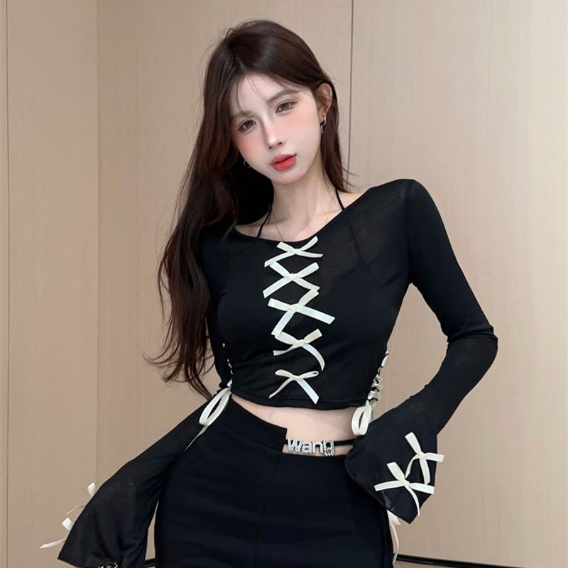 เสื้อครอป สีดำ ซีทรู โบว์หน้า ถักข้าง CN099