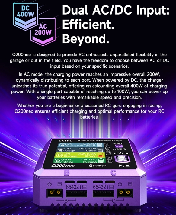 Skyrc Q200neo AC 200W DC 400W 10Ax2 4 Channel Smart Charger for 1-6S Lipo Battery LiPo/LiHV/LiFe/LiIon 400W