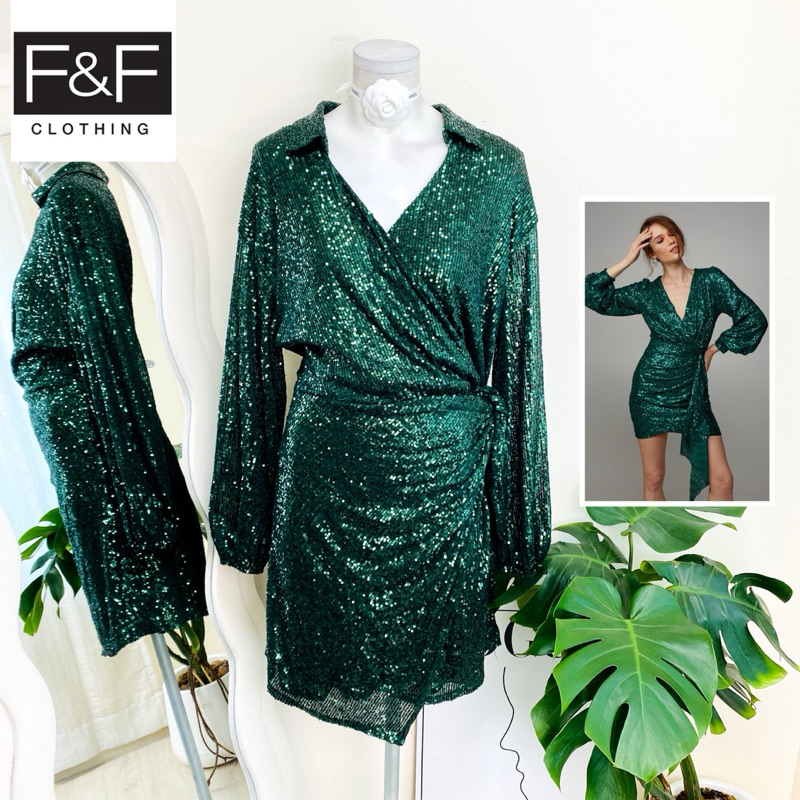 ไซด์ XXL แบรนด์ F&F แท้ 100%🌸เดรส ทรงเชิ้ต งานเกล็ดวิบวับ สีเขียว ใส่ออกงาน ทรงเข้ารูป เดรสสาวอวบ พลัสไซด์(10)