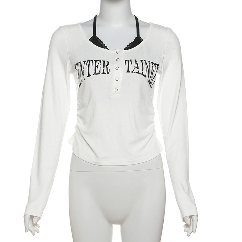 เสื้อครอป แขนยาว แต่งสายคล้องคอ CN59279 สินค้าพร้อมส่ง