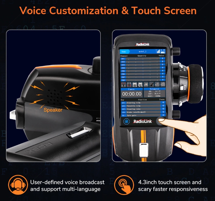 Radiolink RC8X 2.4GHz 8CH 4.3-Inch Full Colour Touch Screen LCD Radio Transmitter International Version With R8GF/R4FGM Receiver รีโมทตัวท๊อป หน้าจอสี ทัชสกรีน รองรับฟังชั่นมากมาย